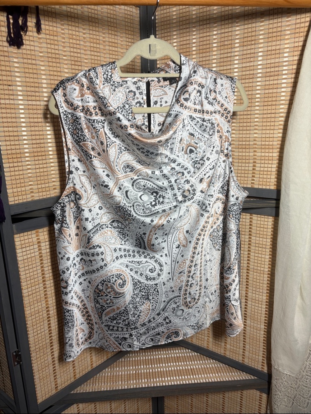 Paisley Cowl Neck Sleeveless Camisole in White and Taupe